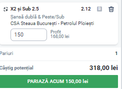 Ponturi pariuri CSA Steaua București - Petrolul Ploiești (02.04.2022)