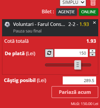 Ponturi pariuri Voluntari - Farul Constanța (2.04.2022)