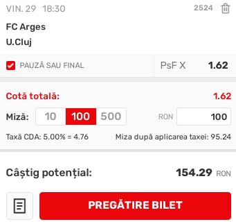 Ponturi pariuri FC Argeș - U Cluj (29.07.2022)