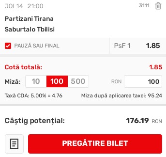 Ponturi pariuri Partizani Tirana - Saburtalo Tbilisi (14.07.2022)