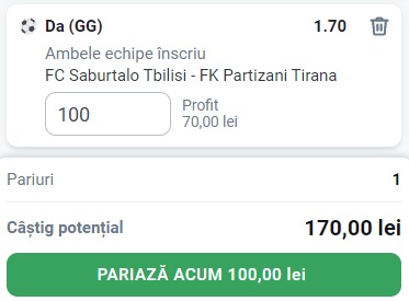 Ponturi pariuri Saburtalo - Partizani Tirana (07.07.2022)