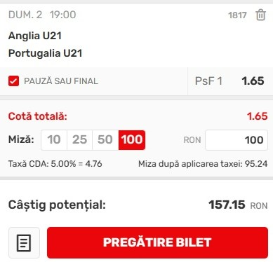Ponturi pariuri Anglia U21 - Portugalia U21 (02.07.2023)