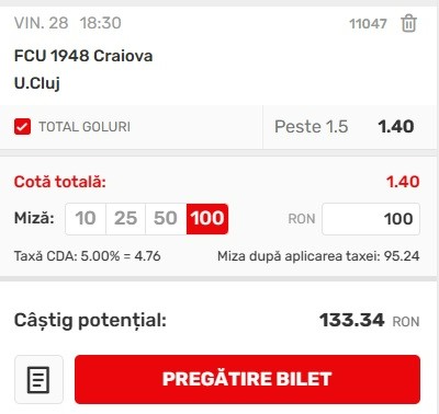 Ponturi pariuri FCU Craiova 1948 - U Cluj (28.07.2023)